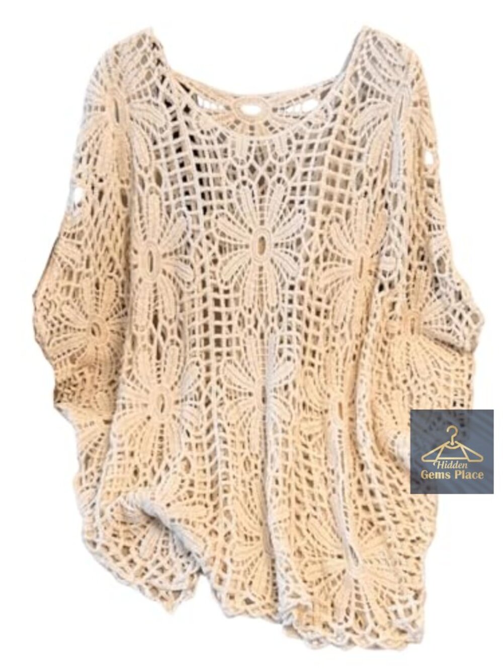 Plus Size Crochet Top Boho Beach Cover Up 3/4 Sleeve Hollow Out